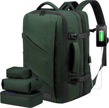 Reisrugzak, handbagage, vliegtuig, rugzak, handbagage, vliegtuig, zakelijke rugzak, heren, dames, uitbreidbaar, laptoprugzak voor 17,3 inch voor weekends, donkergroen