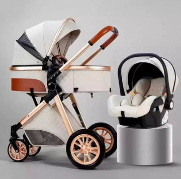 Luxe Multifunctionele 3-in-1 Combi Kinderwagen – Kwalitatieve Buggy – Opklapbare Wandelwagen – Crème – Incl. Autostoel