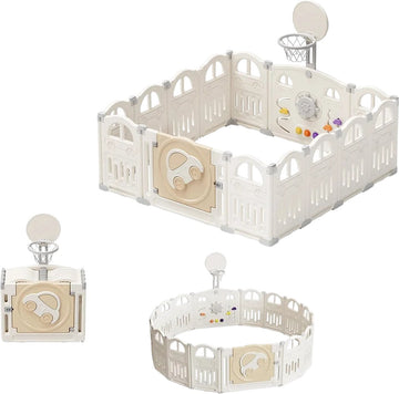 vanBoni - Babybox - Opvouwbare Babybox - Inklapbare Babybox - Met Basketbalring en 50 Gekleurde Pitballen - 149x152x62CM - Beige Wit