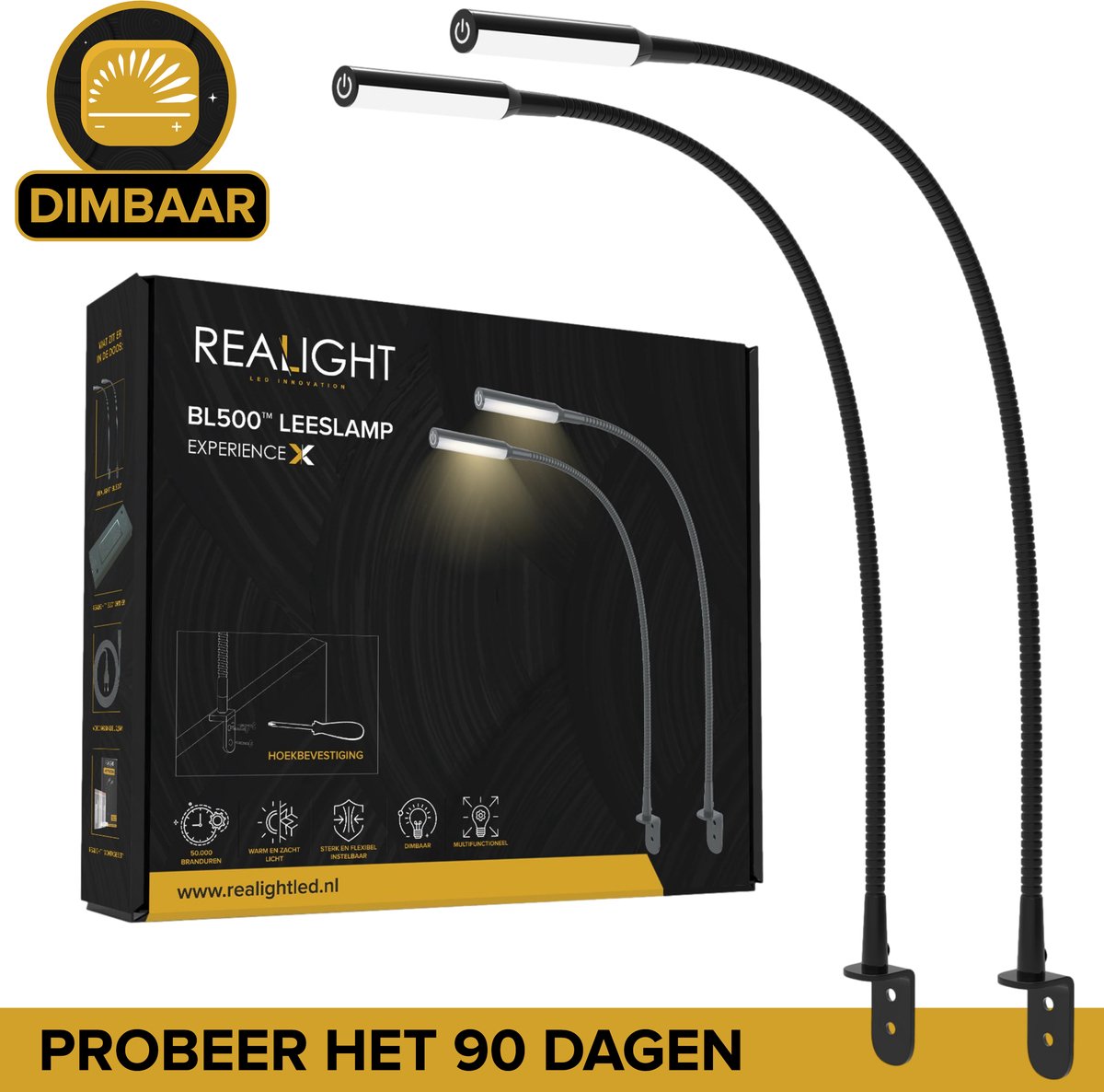 Realight Leeslampje voor in Bed met Dimfunctie – Bedlampje voor Boek - leeslampjes Volwassenen Slaapkamer – Leeslampje Boxspring – Bedlamp Dimbaar – Hoofdbord Boeklamp – Touchlamp – Nachtlamp – Bedlampje zwart – 2.5 meter snoerlengte – 58 cm