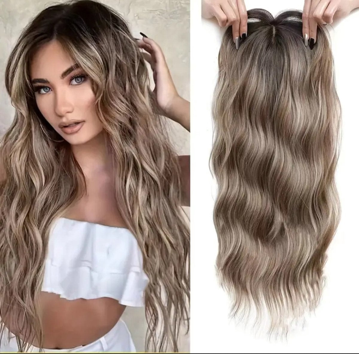 Prachtige natuurlijke uitstralende haartopper haarextensions hairextensions pruik voor dun wordend haar of om kale plekken of grijs haar te bedekken. Kleur lichtbruin donkerblond met highlights lang model