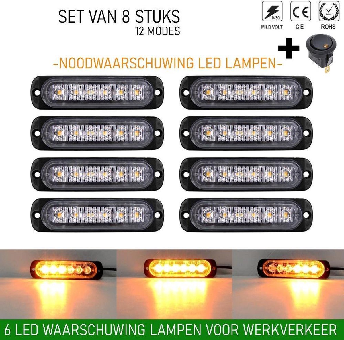 8 stuks Waarschuwingslamp (8-PACK) - 12V / 24V LED - 18W - 2000K - Noodverlichting - Werkverkeer - 6 LED - 18 Modes - Flitspatronen - AMBER - Oranje - Knipperlampen - Waarschuwingslampen - Knipper - Gevaar - Noodverlichting - Knipperlampen