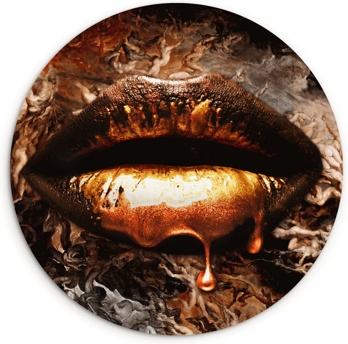 WallCircle - Wandcirkel 60x60 - Goud - Lippen - Kunst - Goud - Luxe - Abstract - Ronde schilderijen woonkamer - Wandbord rond - Muurdecoratie cirkel - Kamer decoratie binnen - Wanddecoratie muurcirkel - Woonaccessoires