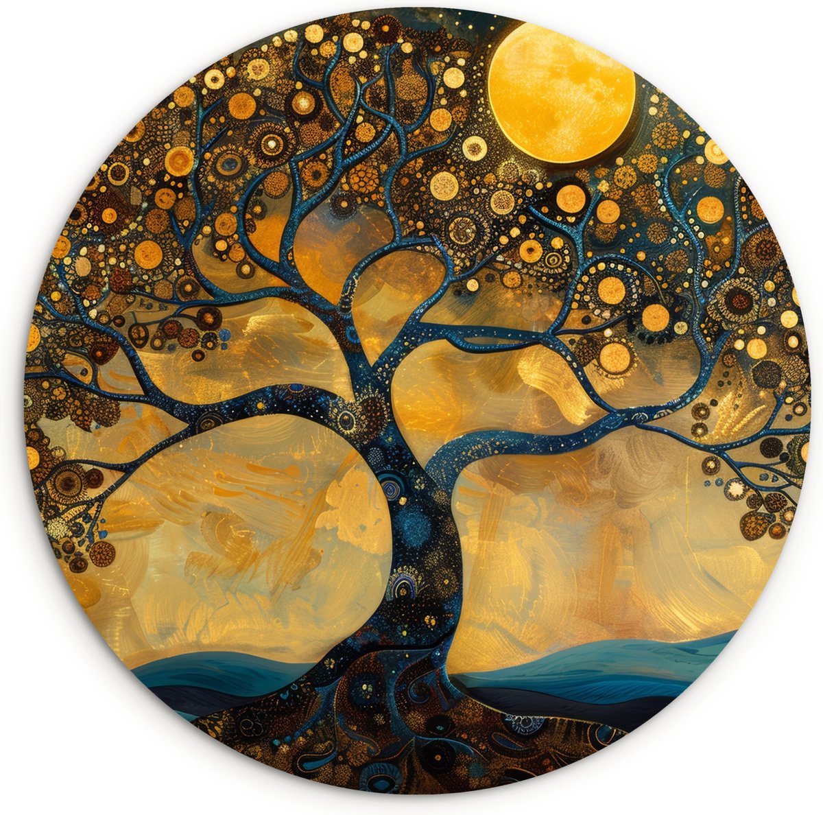 WallCircle® Wandcirkel 60x60 cm - Muurcirkel Boom - Industrieel - Abstract - Geel - Planten - Maan - Natuur - Muurdecoratie cirkel woonkamer - Wanddecoratie slaapkamer - Kamer decoratie accessoires - Ronde schilderijen binnen