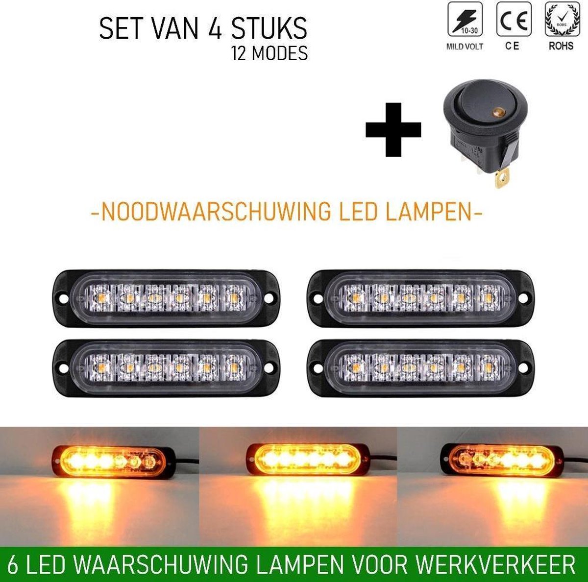 4 stuks Waarschuwingslamp - 12V / 24V LED - 18W - 2000K - Noodverlichting - Werkverkeer - 6 LED - 18 Modes - Flitspatronen - AMBER - Oranje - Knipperlampen - Waarschuwingslampen - Knipper - Gevaar - Noodverlichting -