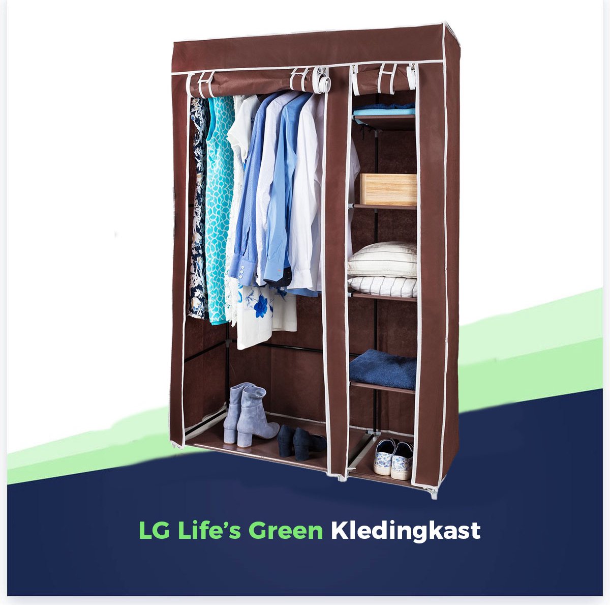 LG Life's Green Opvouwbare Kleerkast – 110x45x175CM – Kledingrek met 5 Legplanken en Ophangstang – Stoffen kledingkast – 140KG Draagvermogen – Bruin