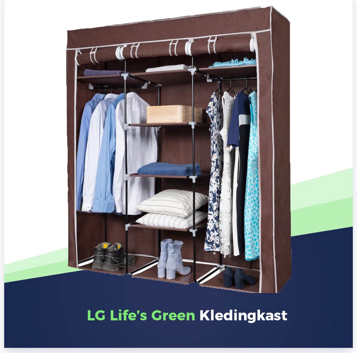 LG Life's Green Opvouwbare Kleerkast – 150x45x175CM – Kledingrek met 9 opslag planken en 2 ophangstangen – Stoffen Kledingkast – 200KG Draagvermogen – Bruin