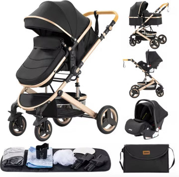 J&R Kinderwagen 3 in 1 - Kinderwagen - Bedje - Buggy - Autostoel - Opvouwbaar - Aluminium frame - Zwart - Goud