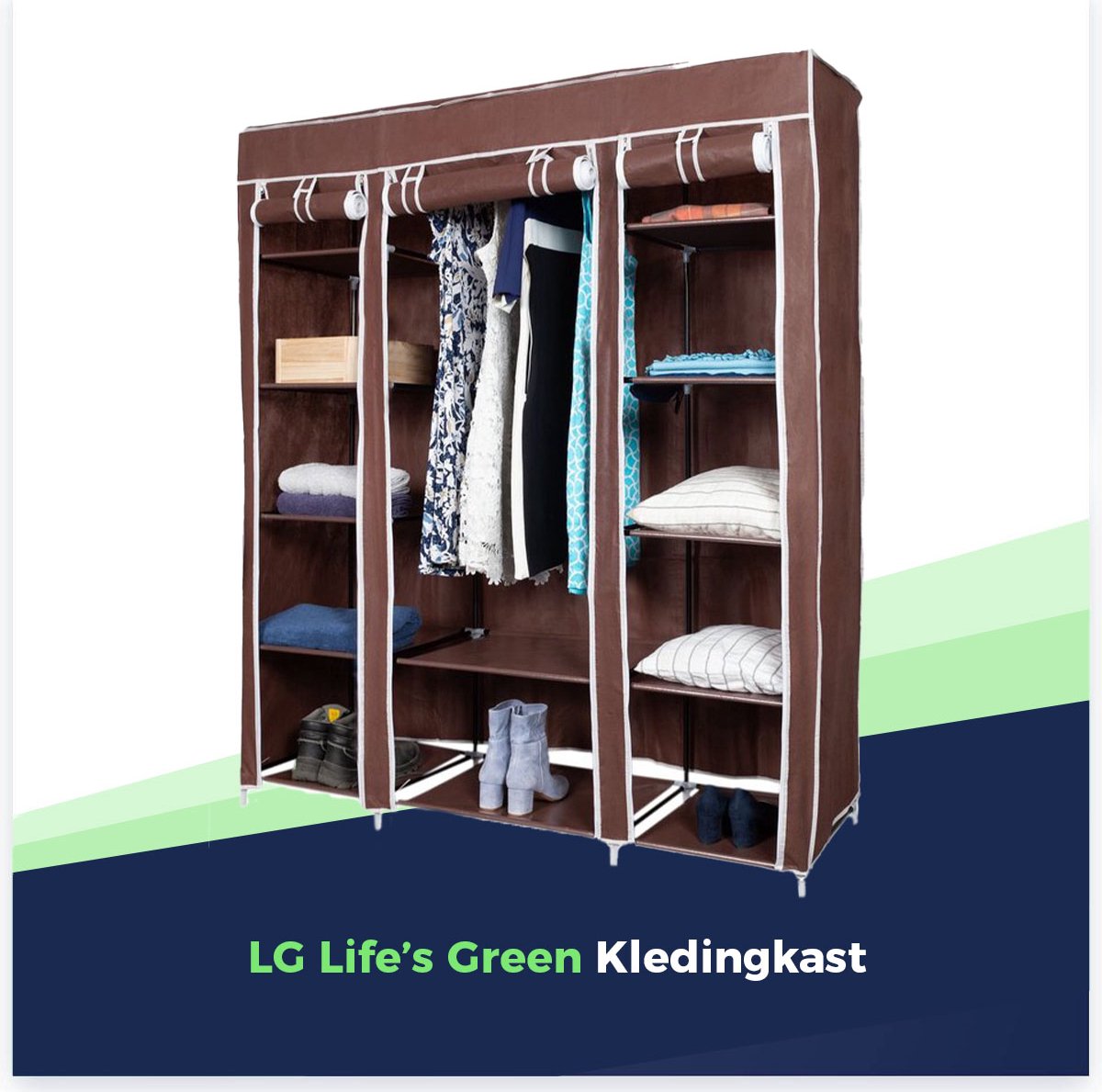 LG Life’s Green Opvouwbare Kleerkast – 143x44x169CM – Kledingrek met 12 Legplanken en Ophangstang – Stoffen Kledingkast – 225KG Draagvermogen – Bruin
