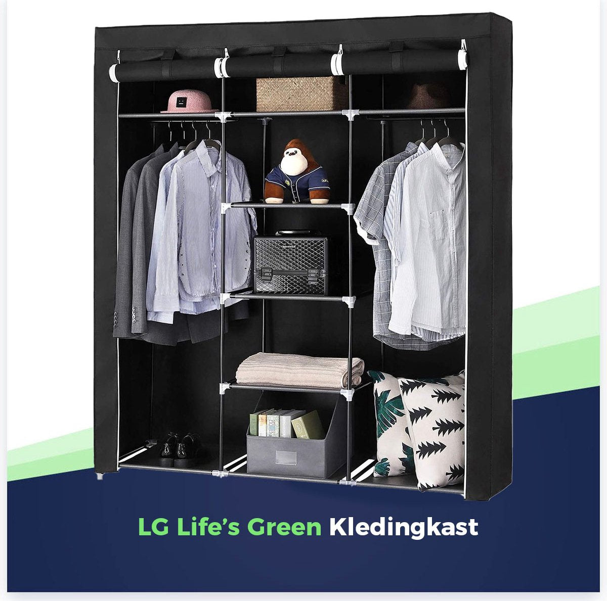 LG Life's Green Opvouwbare Kleerkast – 150x45x175CM – Kledingrek met 9 opslag planken en 2 ophangstangen – Stoffen Kledingkast – 200KG Draagvermogen – Zwart