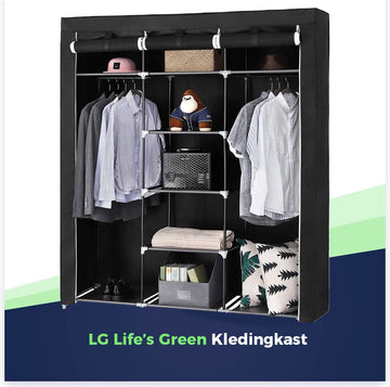LG Life's Green Opvouwbare Kleerkast – 150x45x175CM – Kledingrek met 9 opslag planken en 2 ophangstangen – Stoffen Kledingkast – 200KG Draagvermogen – Zwart