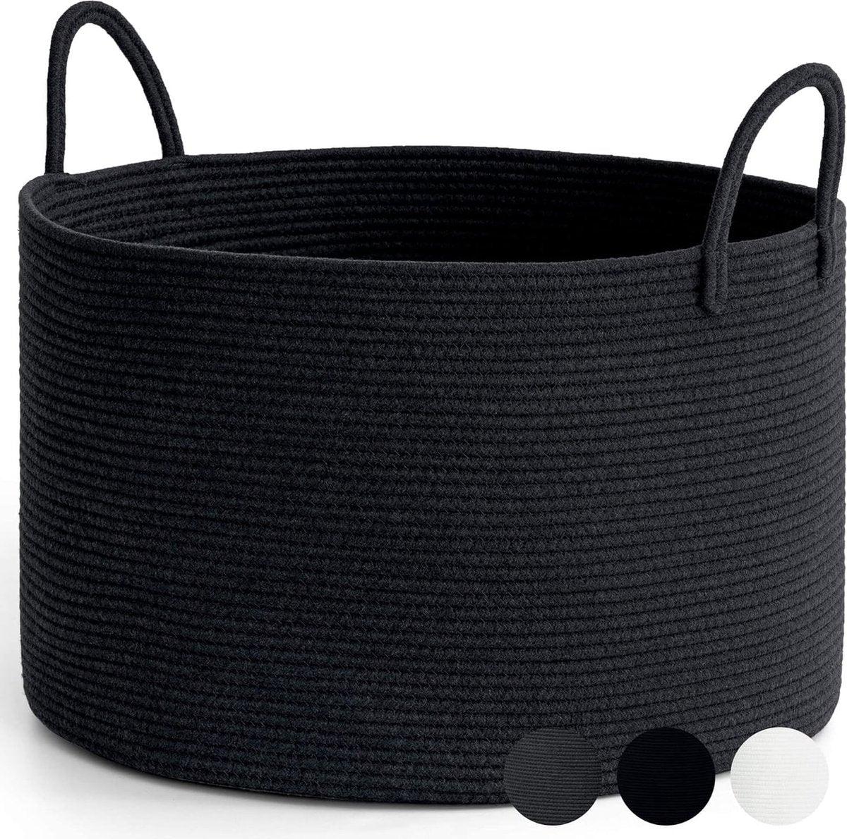Wasmand, gevlochten opbergmand, grote katoenen mand, handdoekmand voor badkamer, mand voor dekens woonkamer, kussens, babyspeelgoed, opbergmand, 55 x 35 cm, rond, zwart
