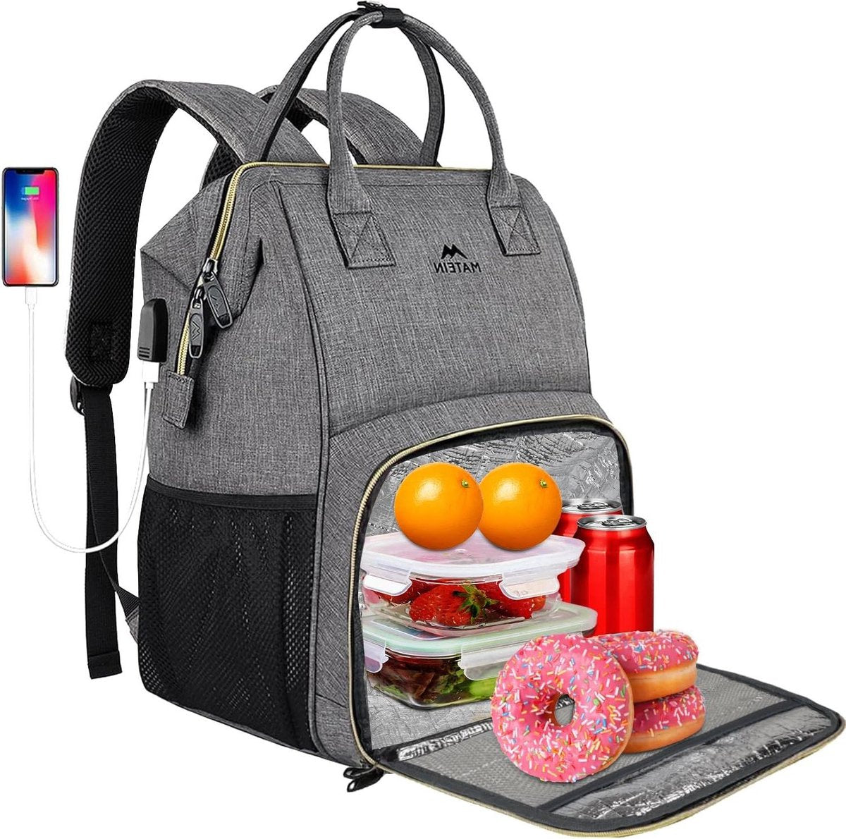 Laptop lunchrugzak voor dames 156 inch met geïsoleerd koelvak en USB-poort - Grijs, waterbestendig dames rugzak