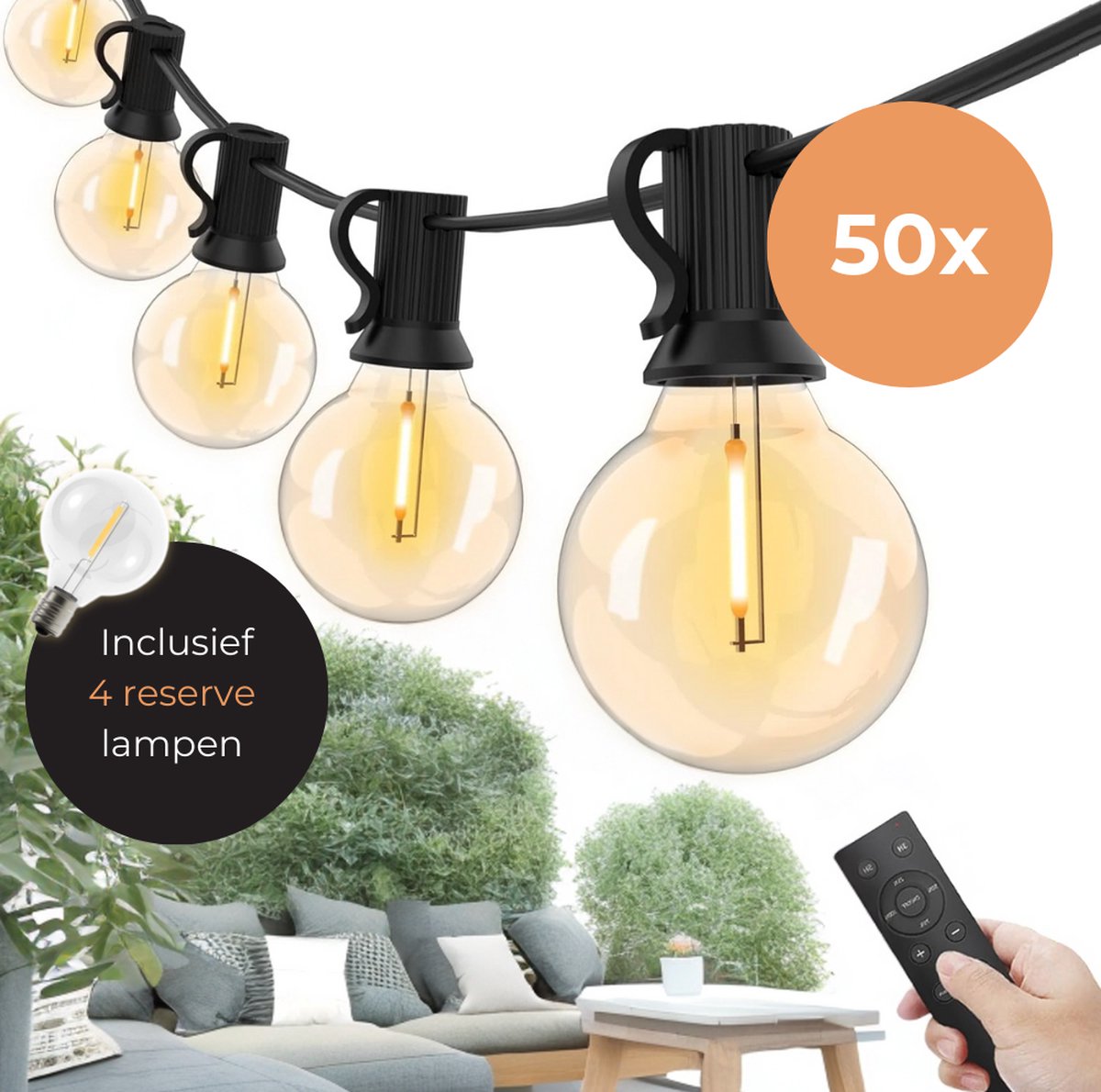 Lichtsnoer Buiten & Binnen – Lichtslinger 17 meter met 50 LED's – Tuinverlichting Led - Sfeerverlichting - Prikkabel - Lampjes Slinger - feestverlichting - Met Afstandsbediening & Dimfunctie - 4 extra Leds