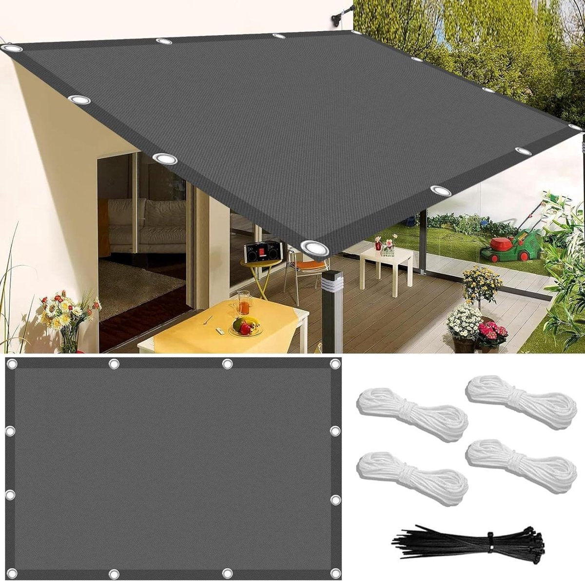 Waterdicht rechthoekig zonnezeil - 15 x 2 meter - schaduwnet - bevestigingskoord - zonwering - balkon terras tuin