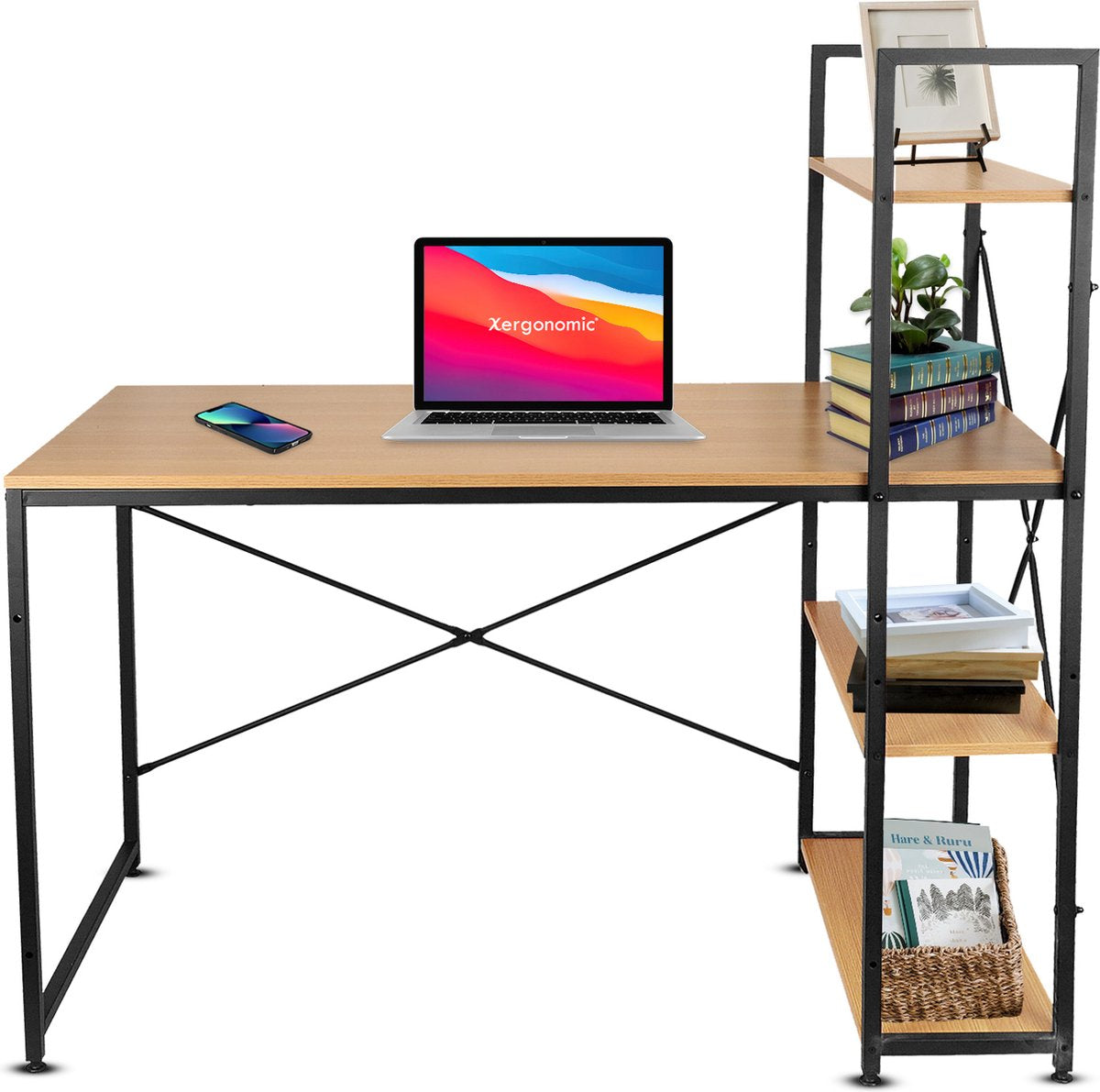 Xergonomic® Industrieel bureau met planken - Laptoptafel - Bureautafel - Bureau 120x64x72 cm – Kast 140x64 cm