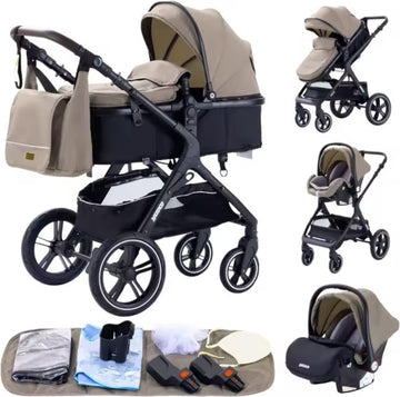 J&R Kinderwagen 3 in 1 - Kinderwagen - Bedje - Buggy - Autostoel - Opvouwbaar - Aluminium frame - Beige - Zwart