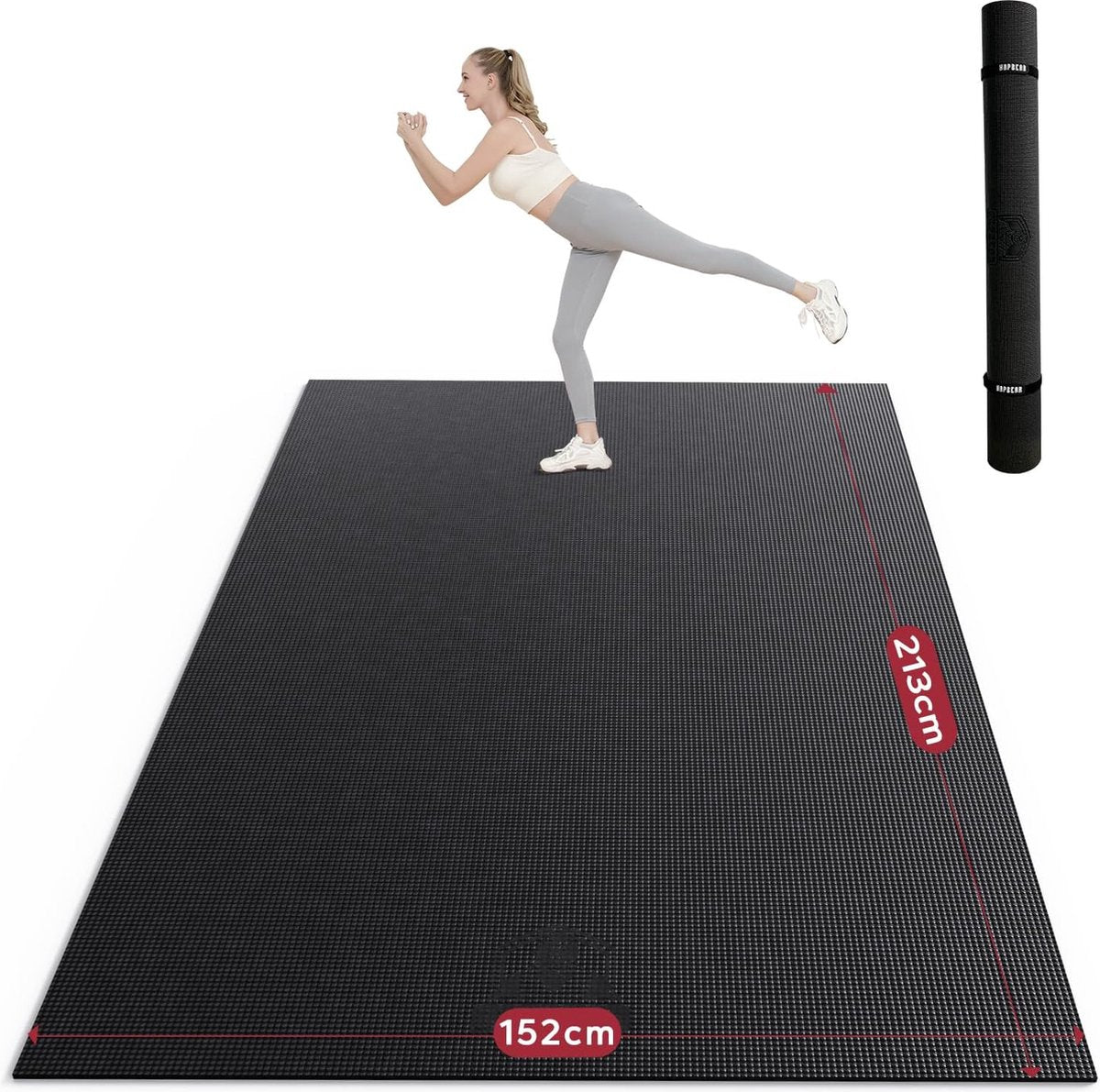 Extra grote brede sportmat Fitnessmat Antislip yogamat XXL 213 cm x 152 cm x 8 mm dikte, hoge dichtheid ultra duurzaam PVC, gymnastiekmat met fitnessbanden, schoenvriendelijk