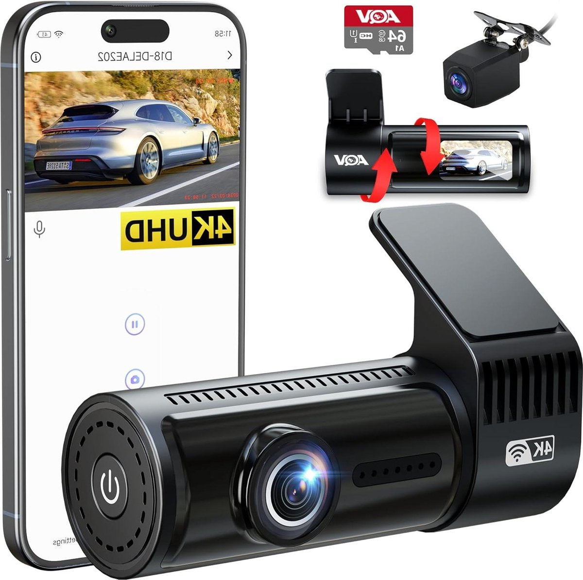 Voor en achter 4K wifi dashcam - 64 GB SD-kaart - loopopname G-sensor - app-bediening - super nachtzicht - 170 graden + 140 graden groothoek - veilige supercondensator Dashcam voor auto