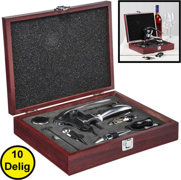10-Delige Luxe Wijnset - Wijn fles accessoires Set - Wine tools - Wijn Kurken trekker - In Luxe Houten opbergbox - Cadeau set