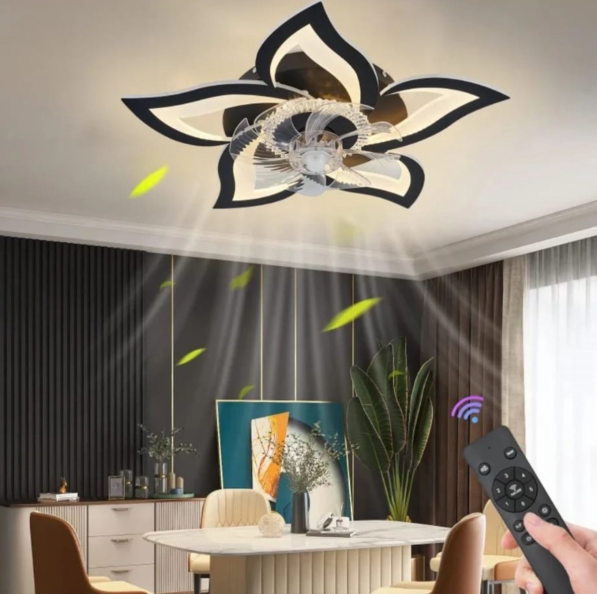 5 Lotus Ventilator Lamp - Plafondventilator - Zwart - Smart Lamp - Met Dimmer - 6 Standen Ventilator - Keuken Lamp - Woonkamerlamp - Moderne lamp