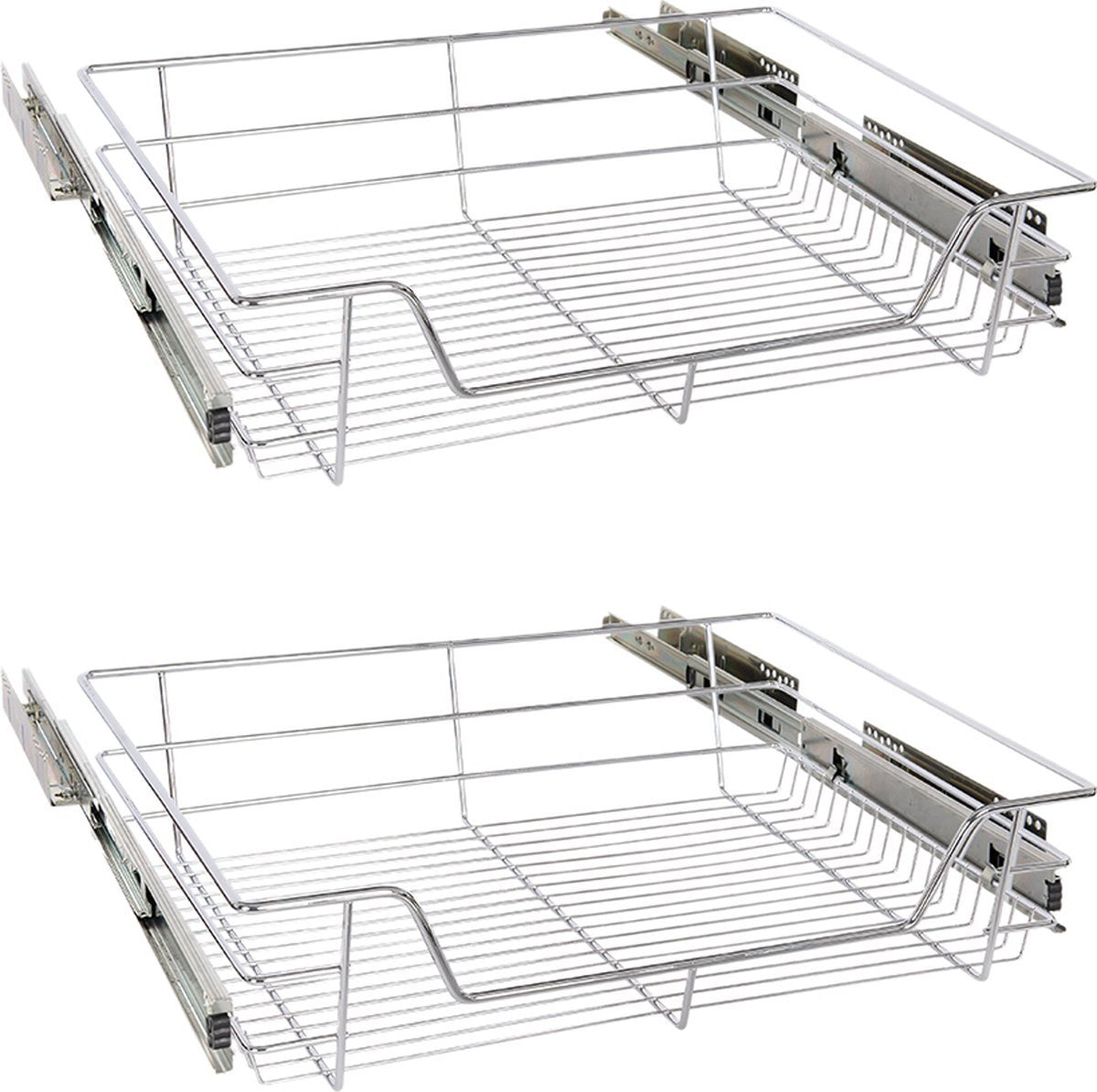 Eleganca draadmand met zijgeleider en Soft Closing - Keukenkast schuiflade – B41.5 cm, H14 cm & D44.5 cm – Uitschuifbaar keukenrek - Geschikt voor kast met frontbreedte van 50cm – Inbouwlade – Maximale belastbaarheid 20kg – RVS – Zilver - 2 Stuks