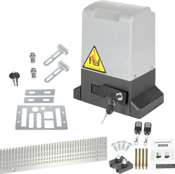 Poortopener schuifpoort 750W Poortautomatisering Operator - Voor schuifpoorten 12 m en max. 1600kg 2 afstandsbedieningen 8 x rekken (elk 50 cm) 2x infraroodsensoren - Grijs aandrijving Met afstandsbediening + sleutel