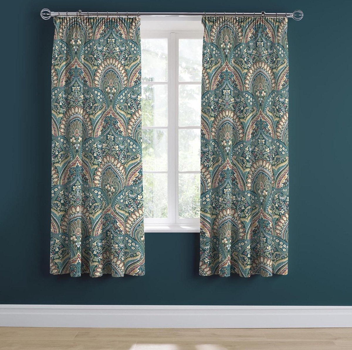 Groenblauwe Jacobean Gordijnen - B 66 x L 72 (168 x 183cm) - 2x Tie Backs - Bloemen- Exotische Plissé Gordijnen - Marokkaanse Boheemse - Blauwblauw Damast Gordijnen