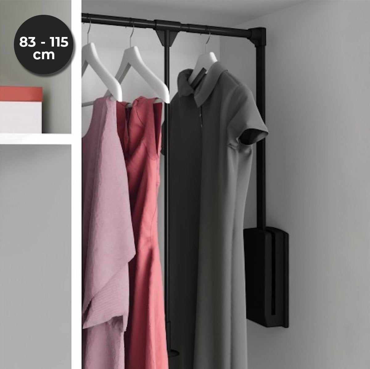 Eleganca Kledinglift Kledingstang - 83 tot 115cm Breed - Hoge kwaliteit Kledingroede - Uittrekbare Garderobestang - Extra stevige garderobelift - Zwart – 12kg