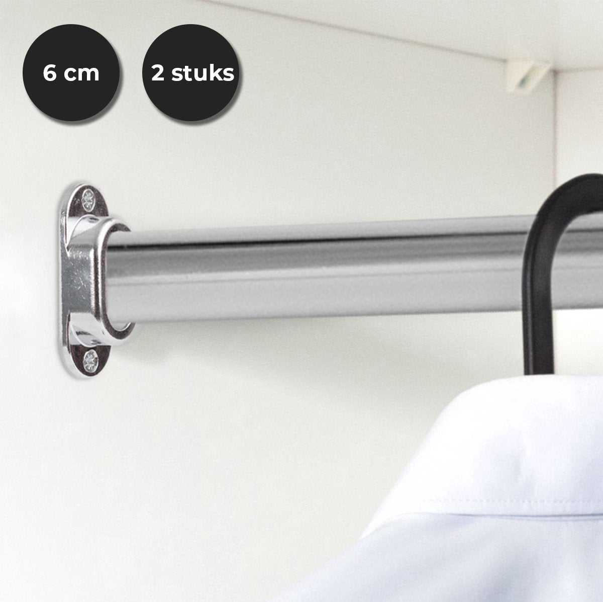 Eleganca kastroededrager – Max. afmeting van B1,5xL3,0cm - kastroede houder voor ovale kledingroede – Drager voor kleding roede – Glanzend Zilver - 2 Stuks