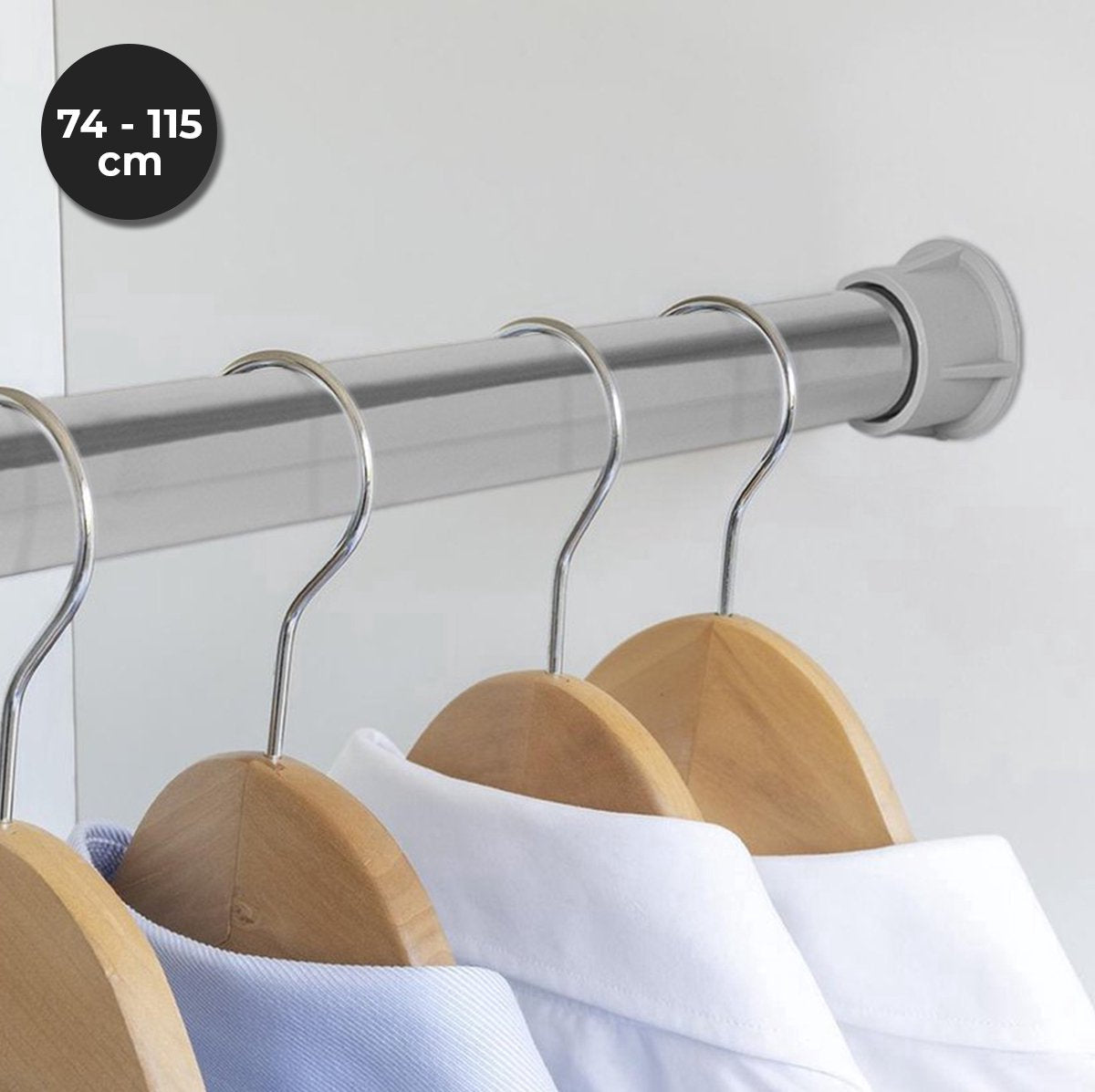 Eleganca uittrekbare kledingstang - telescopische kledingroede - Verchroomd - ophangen van kleding - uittrekbaar van 74 tot 115cm - inclusief kastroededragers