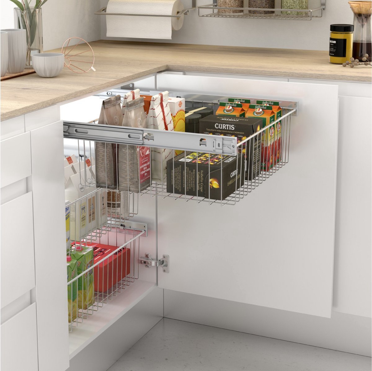 Eleganca Draadmand uittrekbaar met zijgeleiders voor frontbreedte 60cm - Verchroomd staaldraad - Keukenlade organiser - Zelfsluitende organiser met zijgeleiders - (562-568) x 493 x 198 mm - 45 kg draagvermogen