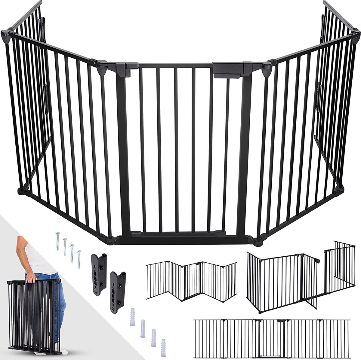 NaSK - Veiligheidshek metaal 305 cm - Voor Huisdieren & Kinderen - Kachelhek, Veiligheidsrooster voor oven vouwbaar - Configuratierooster incl. 5 elementen, deur