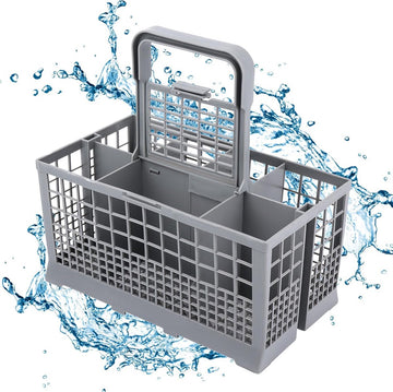 Vaatwasmachinemand, bestekmand voor vaatwasser, bestekmand, stabiele bodem, universeel passend, premium afwasmand met draaggreep voor vele vaatwassers, afneembare handgreep, kunststof, grijs, 24 x 14
