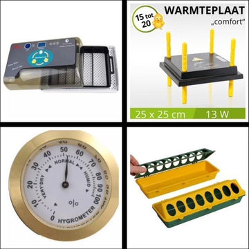 Compleet broedpakket - broedmachine 12 ei - inclusief kuiken startpakket - voerbak - hygrometer - Comfort warmteplaat 25 x 25 cm - kuikenvoer 500 gr