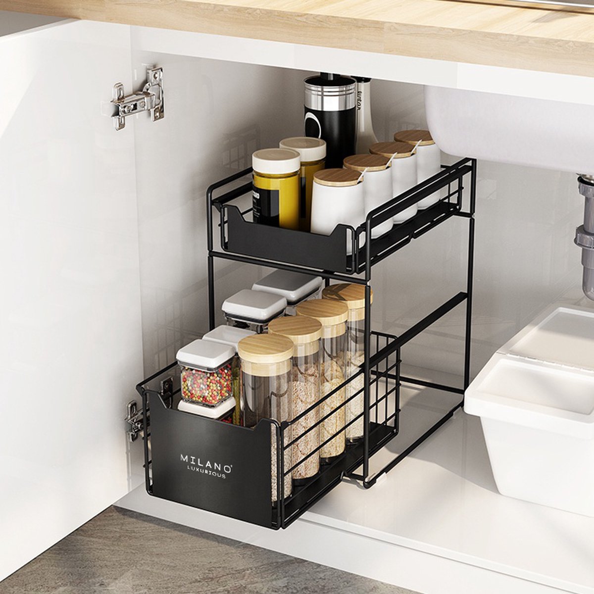 Milano Luxurious organizer lade Zwart – Keuken ladekast – Gootsteenkast organizer – Opbergrek voor het aanrecht – Tweelaags ladesysteem – Opslag voor keukenkast of badkamerkast – maat L