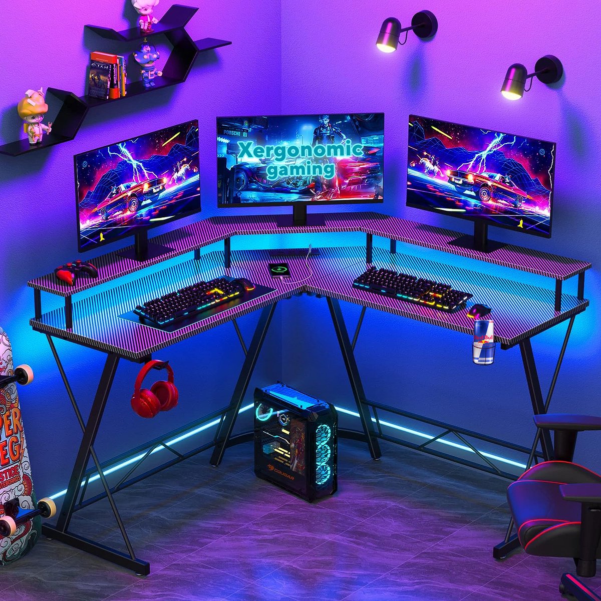 Xergonomic Game bureau – 127 x 127 x 74.4 cm – Hoekbureau - Game tafel - LED-Verlichting - Gaming Desk – 2 EU stopcontacten & 2 USB-poorten ingebouwd – Zwart