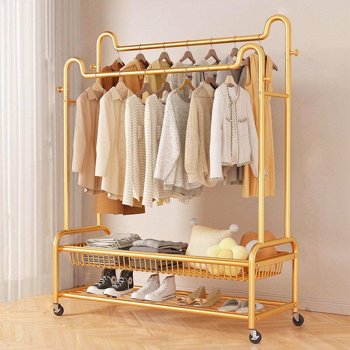 Eleganca Kledingrek op wieltjes - H170 x B120 x D45 cm - Kledingrekken - Dressboy - Kledingrek metaal - Garderoberek met ophanghaken - Kledingrek dubbel - Stevig - Goud