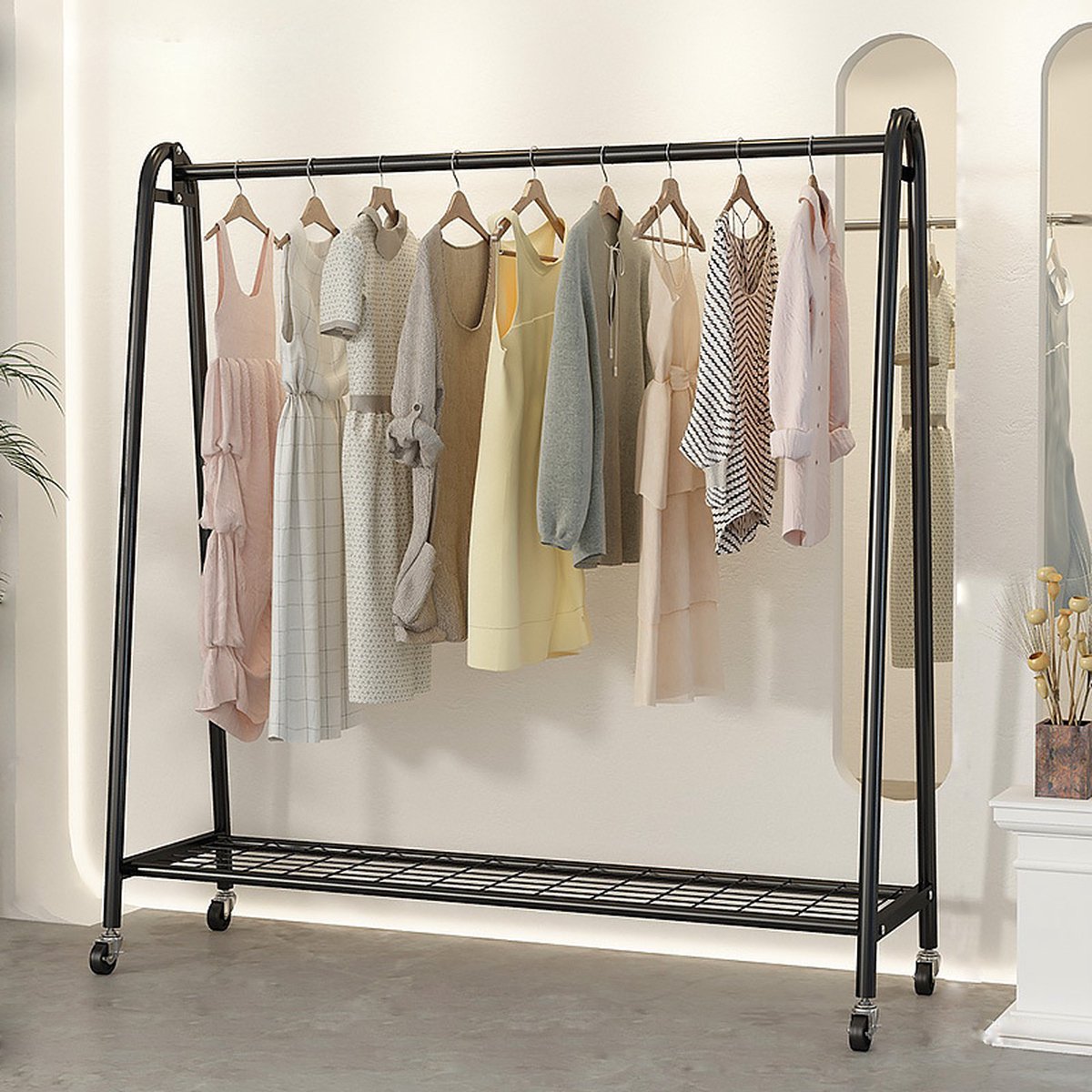 Eleganca Kledingrek op wieltjes - H158 x B150 x D40 cm - Kledingstang - Dressboy - Kledingrek metaal - Garderoberek - Stevig - Zwart