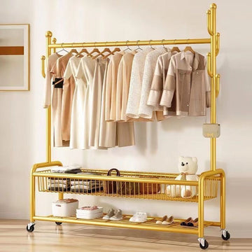 Eleganca Kledingrek op wieltjes - H172 x B120 x D35 cm - Kledingstang - Dressboy - Kledingrek metaal - Garderoberek met ophanghaken - 6 Ophanghaken - Stevig - Goud