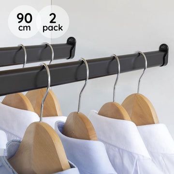 Eleganca Kledingstang 90cm – 2 Pack – Kledingroede – Stevig Aluminium - Garderobestang - Kledingstang voor aan de muur – Inclusief Kastroededragers en Schroeven - Zwart - Roestvrij