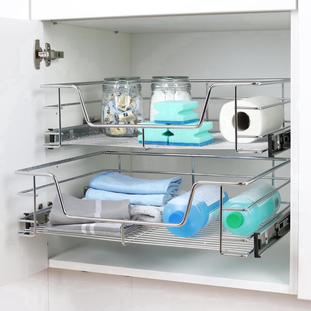 Eleganca draadmand met zijgeleider - 2 Stuks - Keukenkast schuiflade – B41.5 cm, H14 cm & D44.5 cm – Uitschuifbaar keukenrek - Geschikt voor kastjes met een frontbreedte van 50 cm – Inbouwlade – Maximale belastbaarheid 20 kg – RVS – Zilver