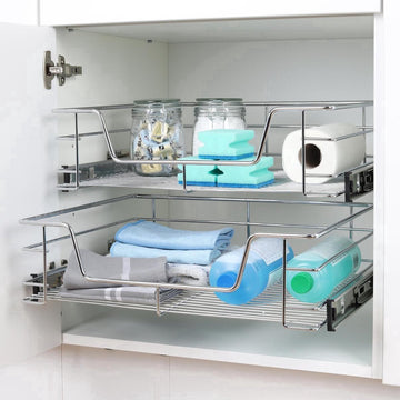 Eleganca draadmand met zijgeleider - 2 Stuks - Keukenkast schuiflade – B41.5 cm, H14 cm & D44.5 cm – Uitschuifbaar keukenrek - Geschikt voor kastjes met een frontbreedte van 50 cm – Inbouwlade – Maximale belastbaarheid 20 kg – RVS – Zilver