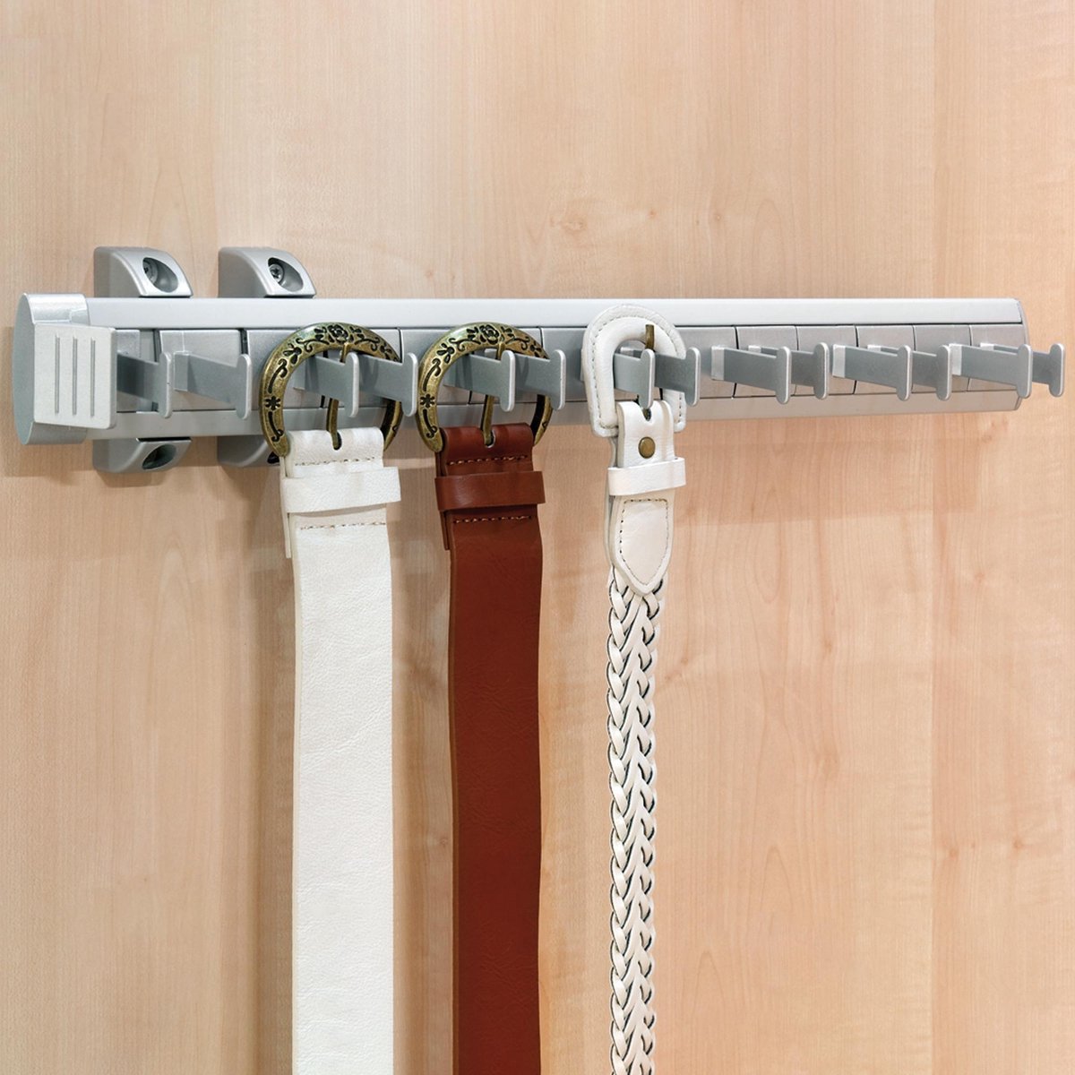 Eleganca Kledingstang Riemhouder – Riemhanger – Uittrekbaar riemenrek – Ruimte voor 7 riemen – Gemakkelijk te monteren – 44,7x8x8,5cm – Grijs/Zilver