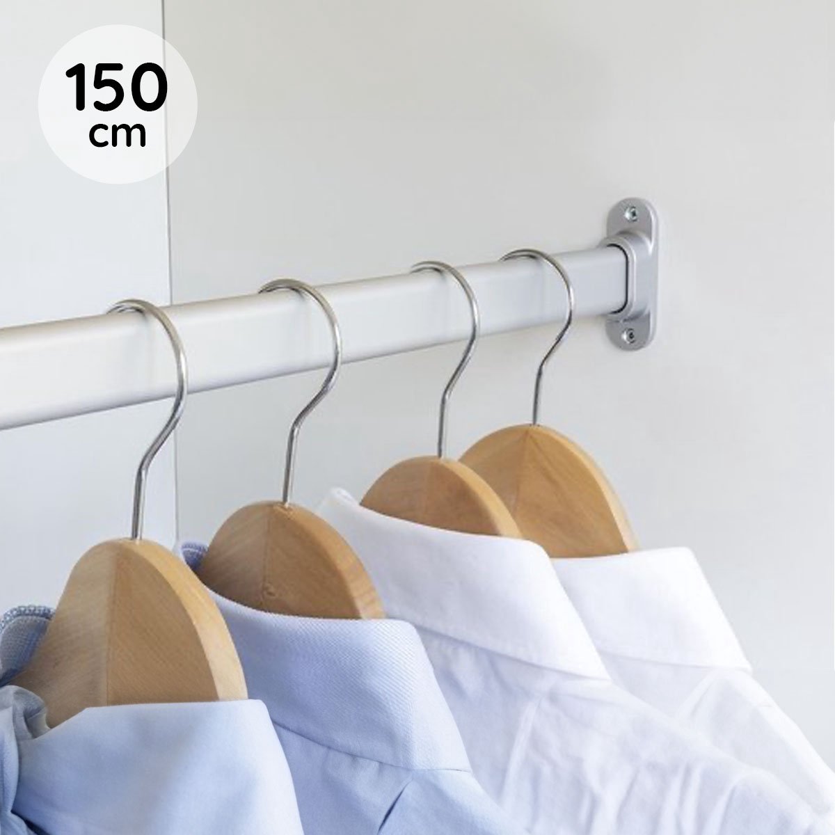Eleganca Kledingstang 150 cm – Kledingroede – Extra stevig aluminium – Garderobestang – Kledingstang - Inclusief kastroede dragers en schroeven - Zilver