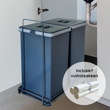 Eleganca Uittrekbare Afvalbak 2x24 Liter - Met vuilniszakken – Inbouw Prullenbak - Afvalbak Afvalscheiding – Geschikt vanaf deurbreedte 35 cm, inbouwdiepte 48 cm & Kasthoogte 55 cm – Antraciet
