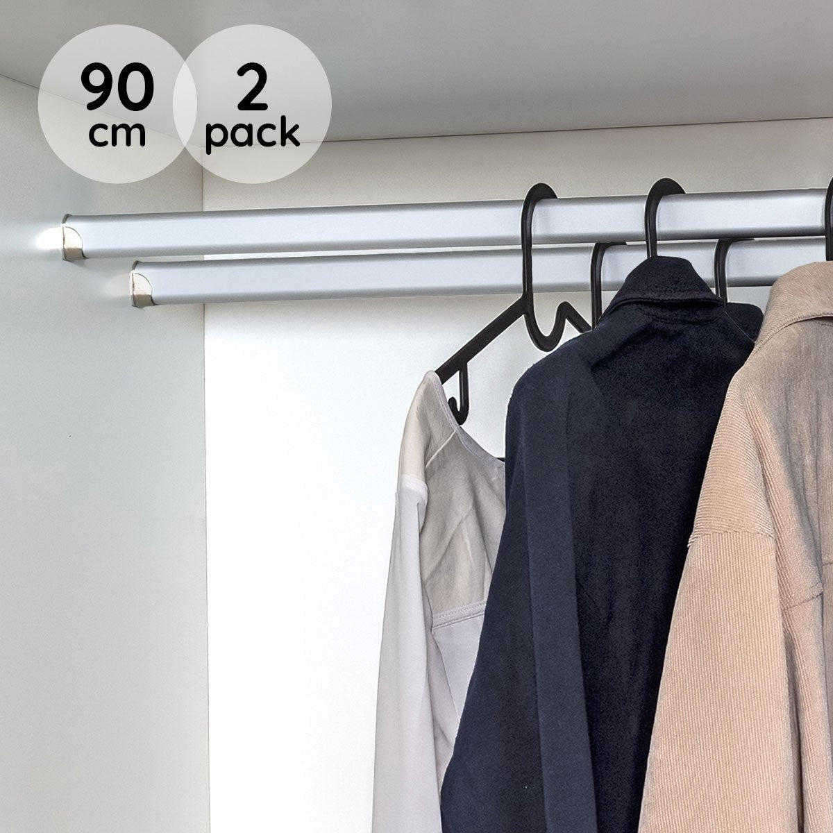 Eleganca Kledingstang 90cm – 2 Pack – Kledingroede – Stevig Aluminium – Garderobestang – Kledingstang voor aan de muur – Inclusief Kastroededragers en schroeven - Zilver - Roestvrij