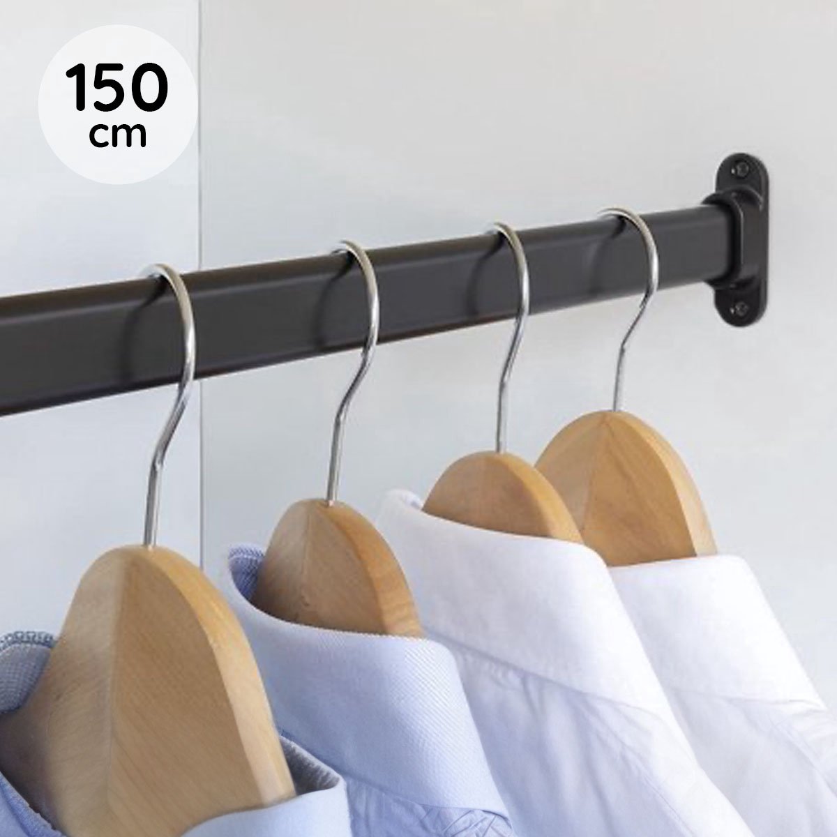 Eleganca Kledingstang 1.5 m – Kledingroede – Extra stevig Aluminium – Garderobestang – Kledingstang – Inclusief Kastroededragers en Schroeven - Zwart