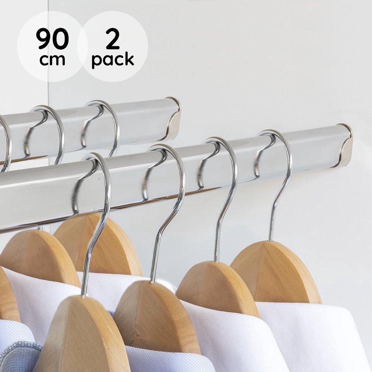 Eleganca Kledingstang 90 cm - 2 Pack - Kledingroede - Extra stevig - Garderobestang – Kledingstang voor aan de muur - Inclusief kastroededragers en schroeven - Chroom