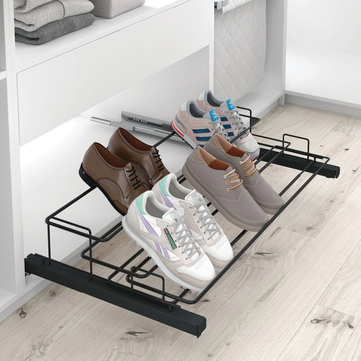 ELEGANCA luxe schoenenrek – uittrekbare en in breedte verstelbare schoenhouder – 4/6 paar schoenen - 2 rijen - antraciet – 497x235x450-640mm
